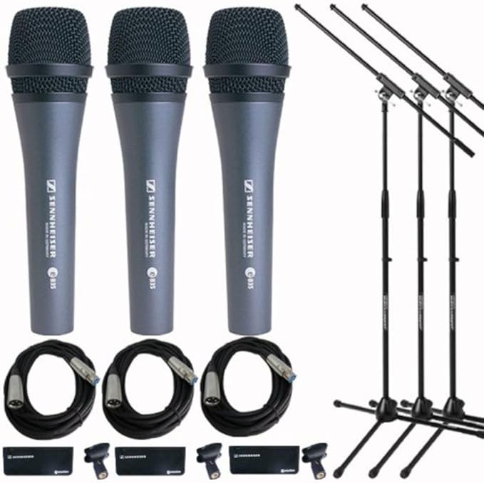 Sennheiser e 835 Dynamic Vocal Mic (3-Pack) with Stands & Cables Bundle