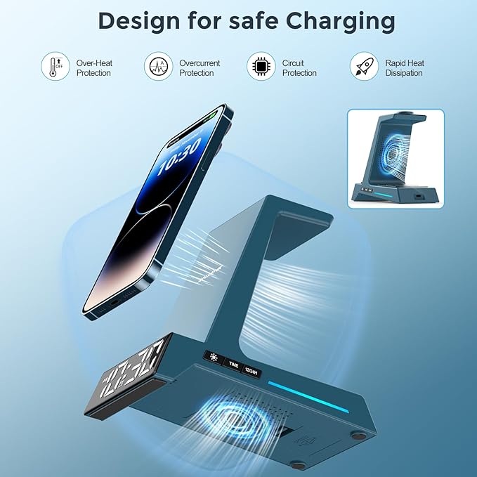 ANJANK Wireless Charging Station for Multiple Devices Apple, 3 in 1 Wireless Charger Stand with Alarm Clock, Charging Dock for iPhone 16/15/14/13/12/11/Pro/Max/XR/XS/8 Plus/iWatch/AirPod