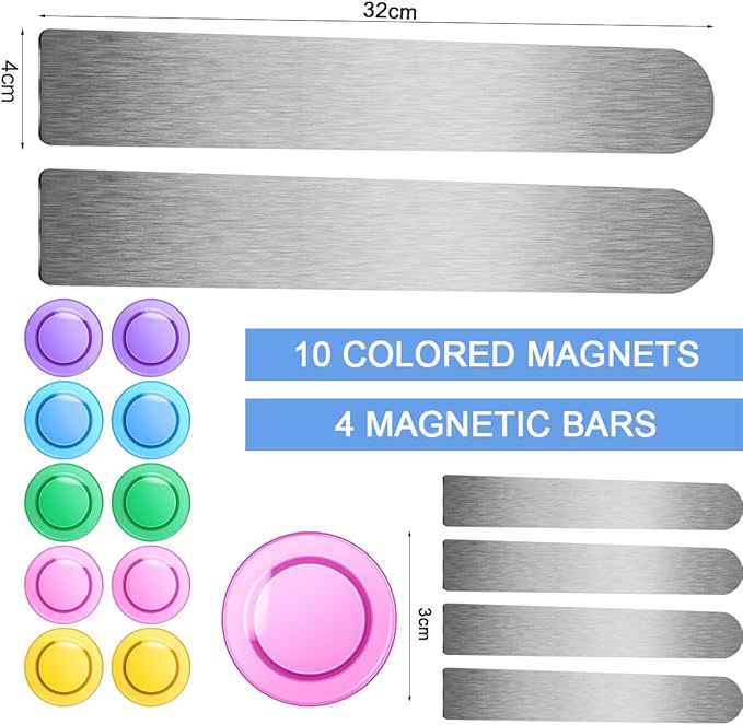 Metal Magnetic Strips with Adhesive Backing Bulletin Bar Board Memo Strip with Colorful Magnet for Home Office School 4 Pcs (Silver)