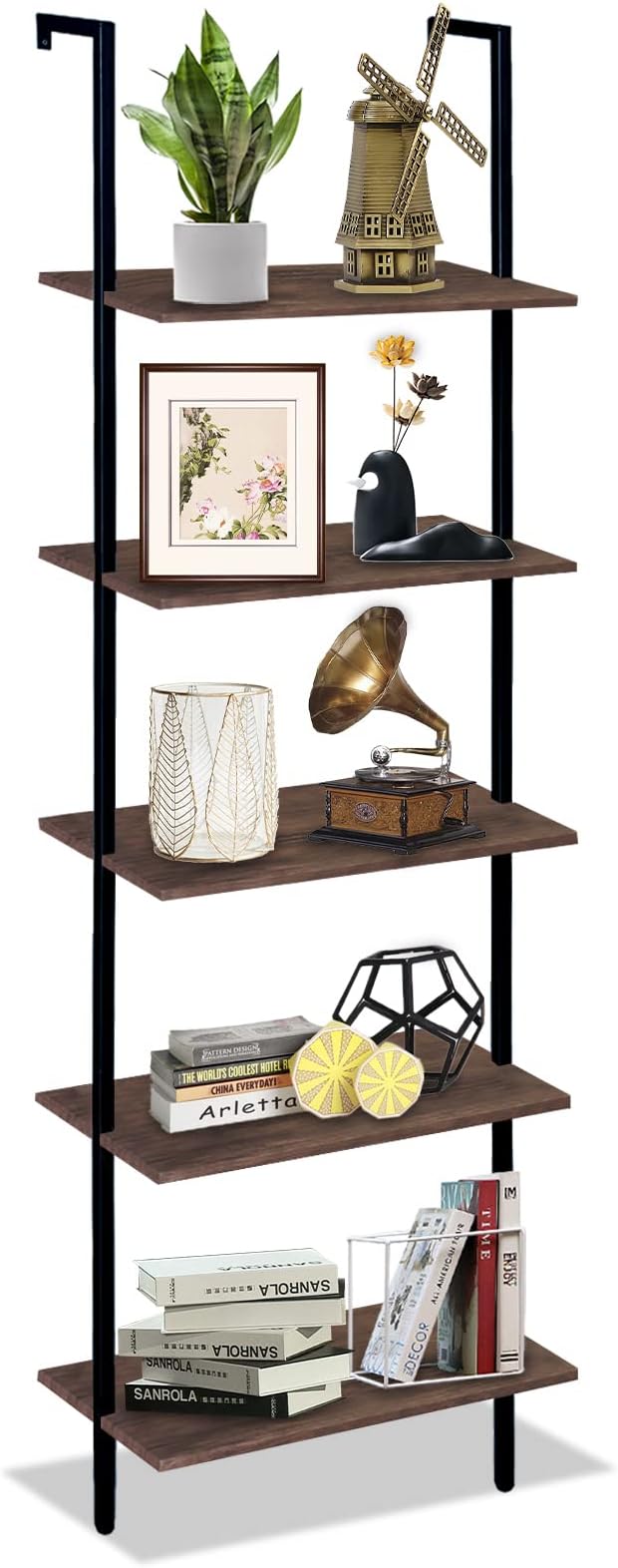 Wolawu 5 Tiers Ladder Shelf Brown Modern Bookshelf Open Tall Wall Mount Bookcase Standing Leaning Wall Shelves Industrial Decorative Living Room Bed Room