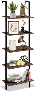 Wolawu 5 Tiers Ladder Shelf Brown Modern Bookshelf Open Tall Wall Mount Bookcase Standing Leaning Wall Shelves Industrial Decorative Living Room Bed Room