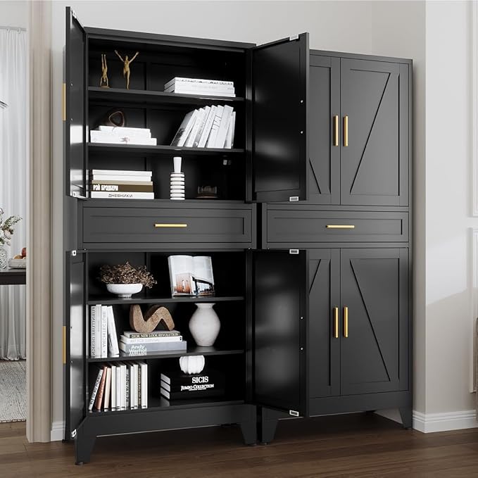 Washsemba 71 "Farmhouse Metal Filing Cabinet with a Drawer and 4 Adjustable Shelves, with 4 Large barn Door Black Kitchen Cabinets, Metal Food Cabinets for Home, Kitchen, Dining/Living Room (Black)
