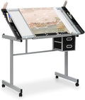 Athena Collection 41" Drafting Table Adjustable Angle Drawing Table Tempered Glass Art Desk Metal Frame Craft Desk for Artist with Fabric Drawers, Rolling Casters and Trays, Light Grey