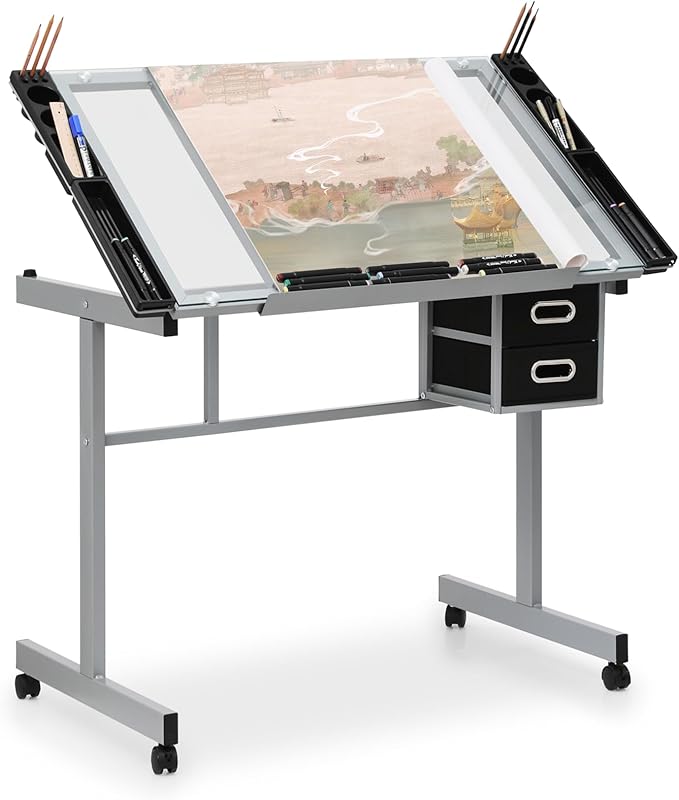 Athena Collection 41" Drafting Table Adjustable Angle Drawing Table Tempered Glass Art Desk Metal Frame Craft Desk for Artist with Fabric Drawers, Rolling Casters and Trays, Light Grey