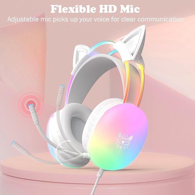 Cat Ear Gaming Headset with Mic, RGB Rainbow Lighting, Surround Sound, 3.5mm Wired Over-Ear Headphones for PC/Switch/Laptop, Lightweight and Adjustable Headband