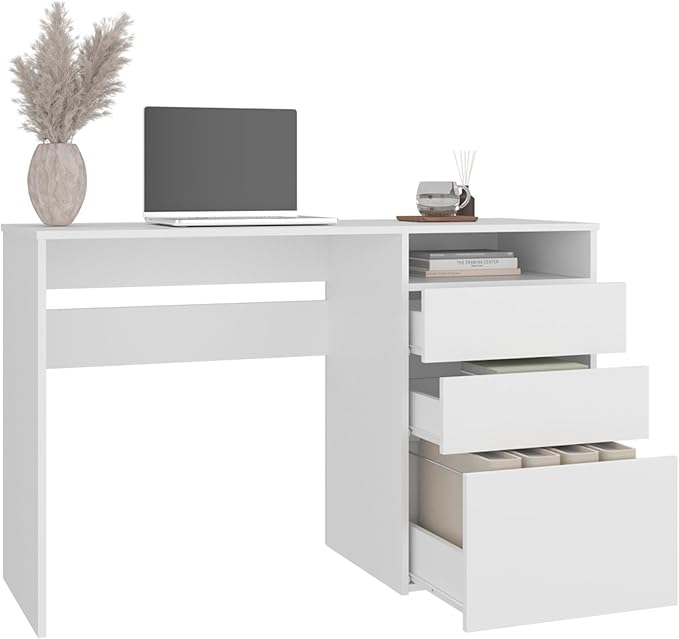 White 3-Drawer Writing Computer Desk Clean and contemporary computer desk design enhances modern workspaces while maintaining a neat and clutter-free environment Two deep drawers provide organized s