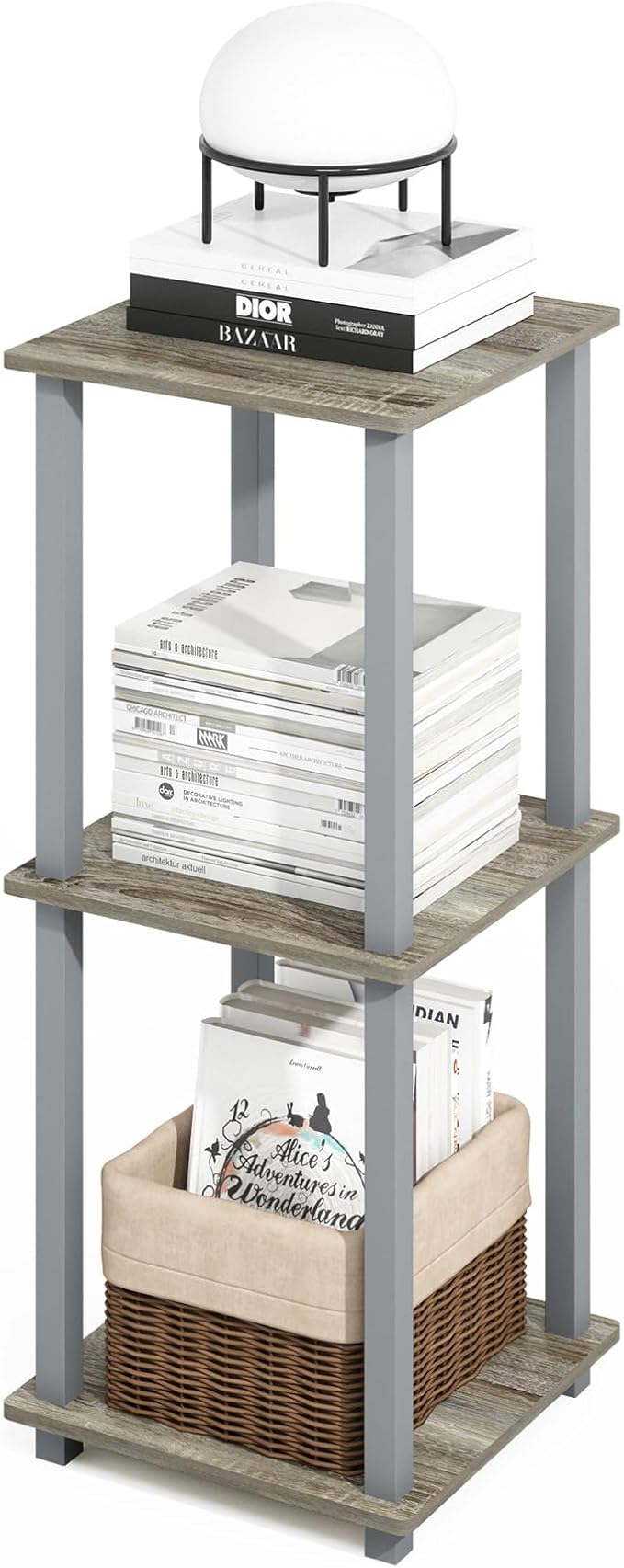 Furinno Turn-N-Tube 2-Pack Book Shelf, 2-Tier Bookshelf with Open Shelf, Toolless Stackable Bookcase, 15.6 x 15.6 x 19.6, for Home Office, Living Room, Bedroom, French Oak/Grey
