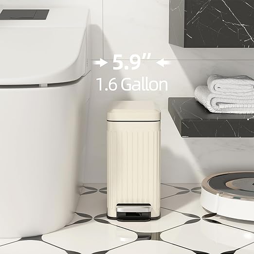 Bathroom Trash can with lid Soft Close, 6 Liter/1.6 Gallon Step Pedal Stainless Steel Garbage Can, Small Wastebasket for Toilet, Office, Bedroom, Kitchen (Beige)