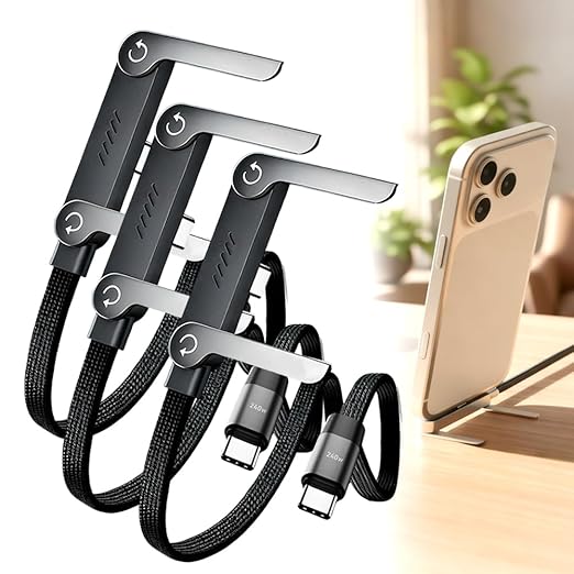 240W Braided Fast Charge Cable With Built-in Phone Stand, 2026 New T-Shaped Foldable Durable USB-C Cord, 90 Degree USB C Cable Right Angle Multi-Functional Charger Cord, Type-C to Type-C (3Pcs)
