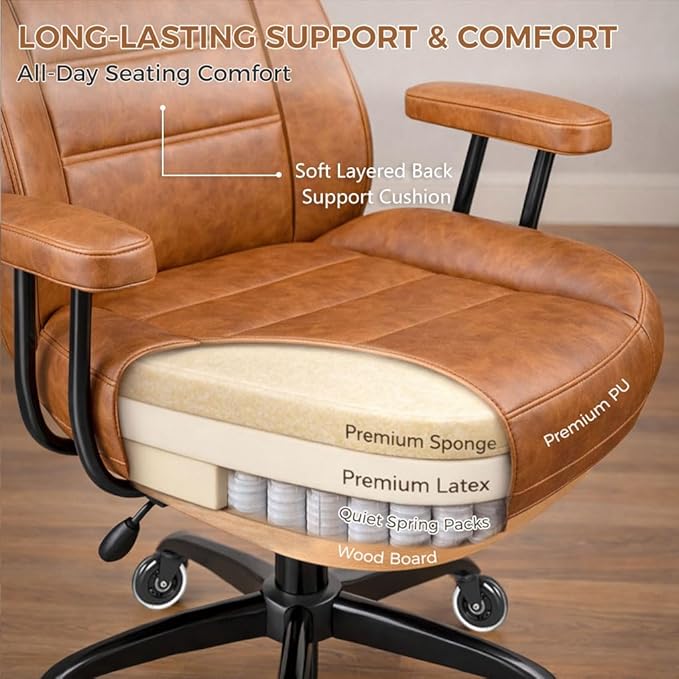 Brown Leather Office Chair with Quiet Rubber Wheels and Lumbar Support, Mid-Back Ergonomic Desk Chair with Removable Armrests, Height Adjustable Computer Chair for Home Office
