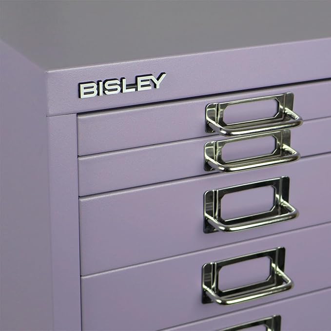 Bisley 8-Drawer Steel MultiDrawer Cabinet - Lilac, Chrome Pull Handles with Label Holders, Powder-Coated Steel, Removable Drawers, Fits Under Most Desks, Labels Included