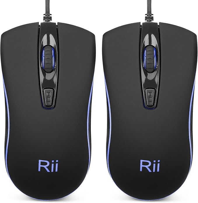 Rii Wired Mouse, Computer Mouse with Blue Backlit,Comfortable Grip Ergonomic Optical,USB Wired Mice Support Windows PC, Laptop,Desktop,Notebook,Chromebook (2PACK)