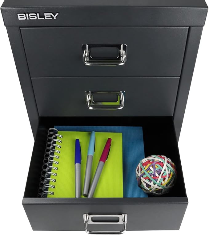 Bisley 3-Drawer Steel MultiDrawer Cabinet - Anthracite Grey, Chrome Pull Handles with Label Holders, Powder-Coated Steel, Removable Drawers, Desktop Storage, Labels Included