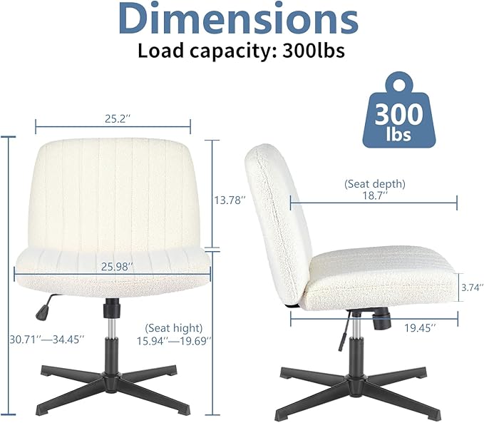 DUMOS Criss Cross Chair No Wheels, Legged Office Desk Armless Chair Wide Seat, Adjustable Swivel Teddy Fabric Task Vanity Chairs for Home Bedroom, Beige