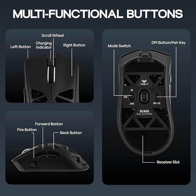 MechLands Aula SC620 Gaming Mouse, 2.4G/USB-C/BT Wireless Mouse with 400mAh Battery, Adjustable 12,000 DPI & 1000 Polling Rate, PAW3311 Sensor, RGB Lighting, Programmable Buttons, for Win/Mac (Black)