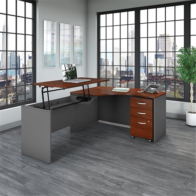 Bush Business Furniture Series C 60W x 43D Left Hand 3 Position Sit to Stand L Shaped Desk with Mobile File Cabinet in Hansen Cherry/Graphite Gray