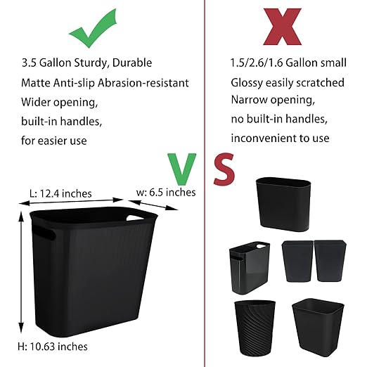 rejomiik Bathroom Small Trash Can Slim Garbage Can Wastebasket 3.5 Gallon Plastic Trash Bin Container for Bedroom, Home, Office, Dorm Room, Kitchen, 2 Pack Black
