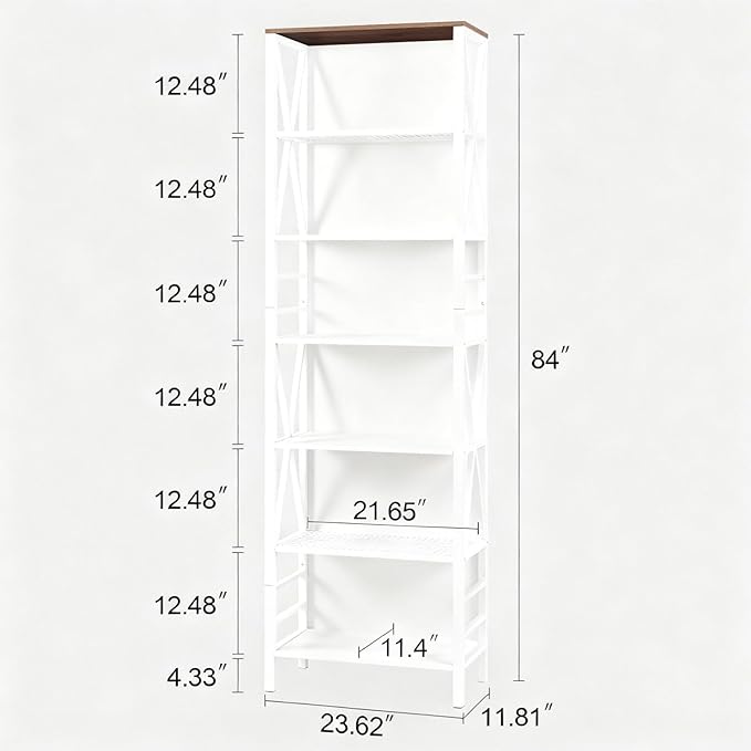 HOMISSUE Bookshelf, 7-Tier Bookshelf, Rustic Wood Metal Bookshelves and Bookcases, Freestanding Open Bookshelf, Industrial Tall Bookcase for Home Office, Living Room and Bedroom, White