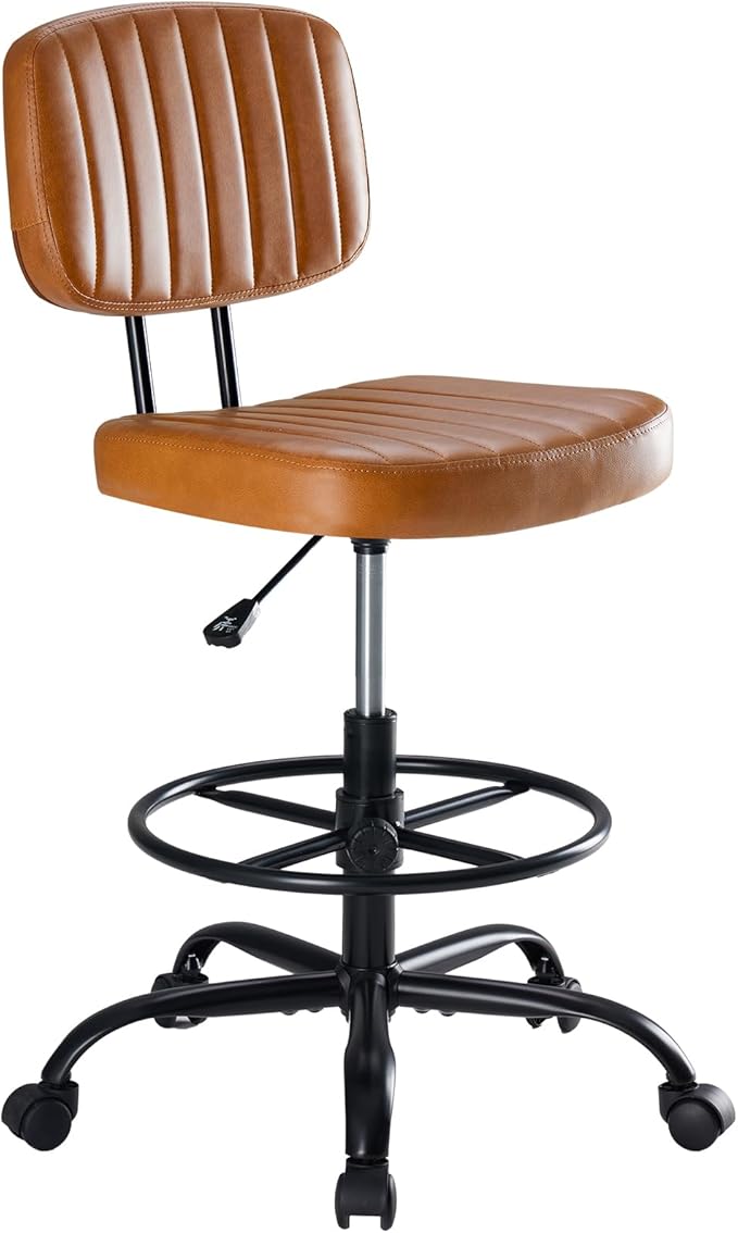 DUMOS Armless Drafting Chair, Low Back Office Seat with Adjustable Footrest Ring for Standing Desk, Ergonomic PU Leather Office Seating, Swivel Rolling High Stool for Studio, Lab, Counter, Brown
