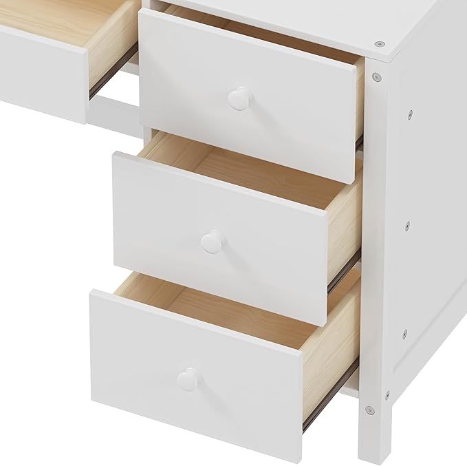 40" Home Executive Desk and Upholstered Chair Set with Bookshelf,Vintage Style Computer Desk with 4 Drawers & Storage Shelf,Study Set for Office, Bedroom or Living Room (White)