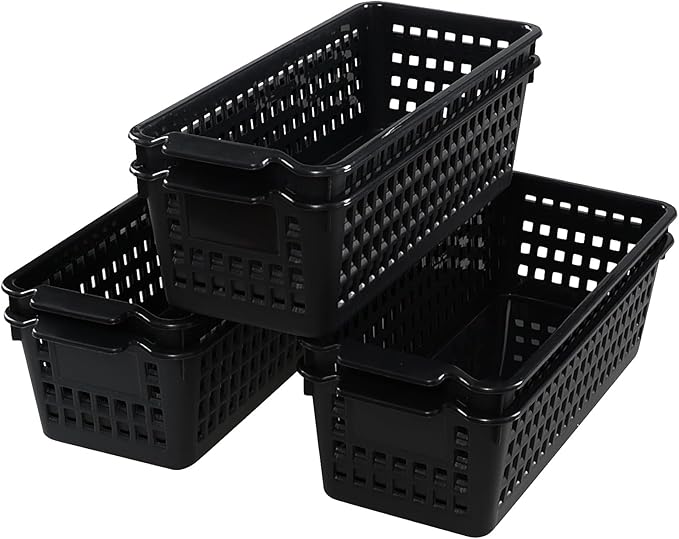 6-Pack Slim Plastic Storage Trays Baskets, Black Small Storage Basket Tray