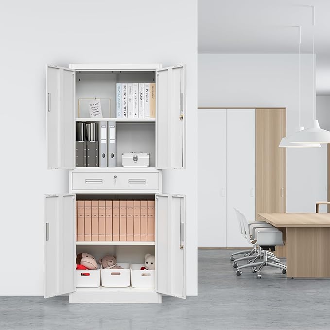 71" H Tall Metal Storage Cabinet with Drawer, Metal Garage Storage Cabinet with Lock and 2 Adjustable Shelves for Home, Office, Garage, Warehouse Organize, White