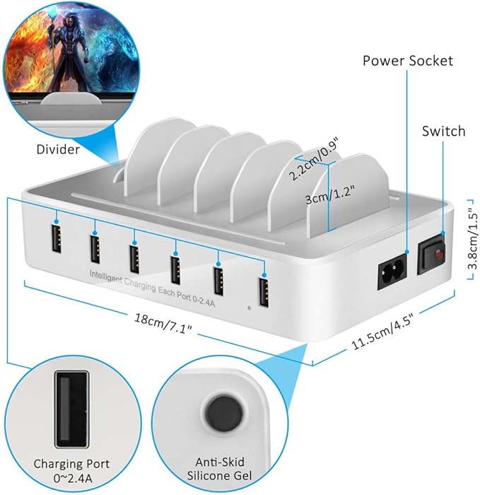 Charging Station for Multiple Devices,50W 6 USB Ports Family Charger Compatible with Apple iPhone iPad and Android Phone and Tablet
