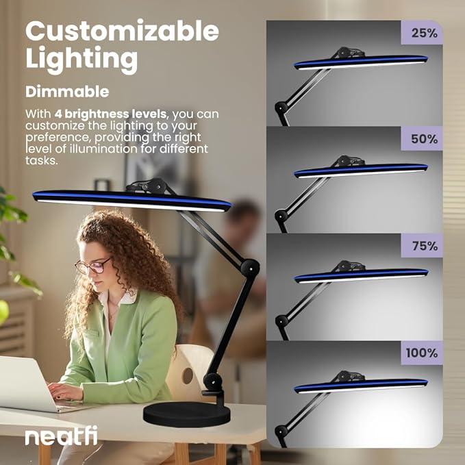 Neatfi XL 24W LED Desk Lamp – 2,200 Lumens | 23” Wide Shade | Dimmable Eye-Caring Task Light | Adjustable Arm | Office, Study, Crafting & Nail Techs (Black, Non-CCT with Base)