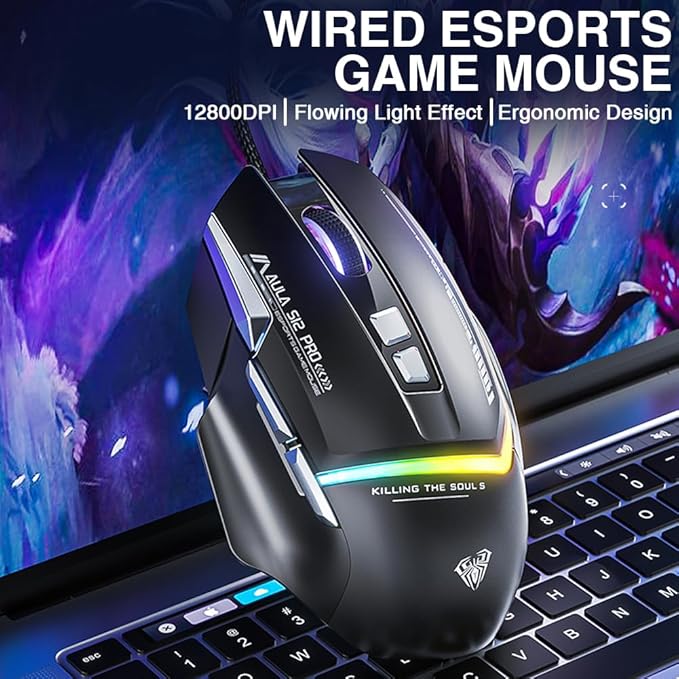 AULA S12Pro White Wired Gaming Mouse,12800 DPI Optical Gamer Mouse with RGB Backlit,8 Programmable Buttons,Software Supports DIY Keybinds Rapid Fire Button