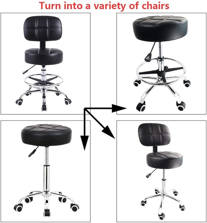 KKTONER Swivel Round Rolling Stool PU Leather with Adjustable Foot Rest Height Adjustable Task Work Drafting Chair with Back (Black)