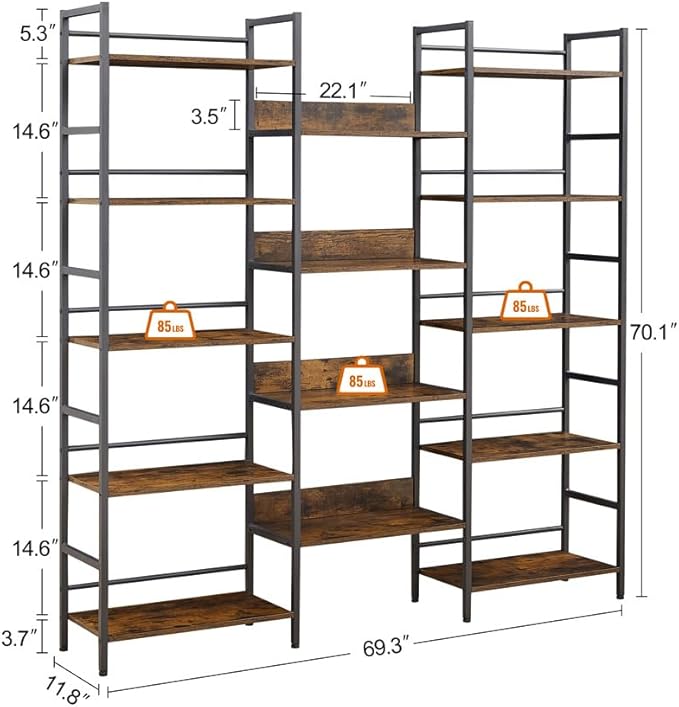 SKYXIU Triple Wide 5 Tier Bookshelf,Rustic Industrial Style Bookcases and Bookshelves with 14 Open Display Shelves,Large Open Bookshelves for Home&Office, Rustic Brown