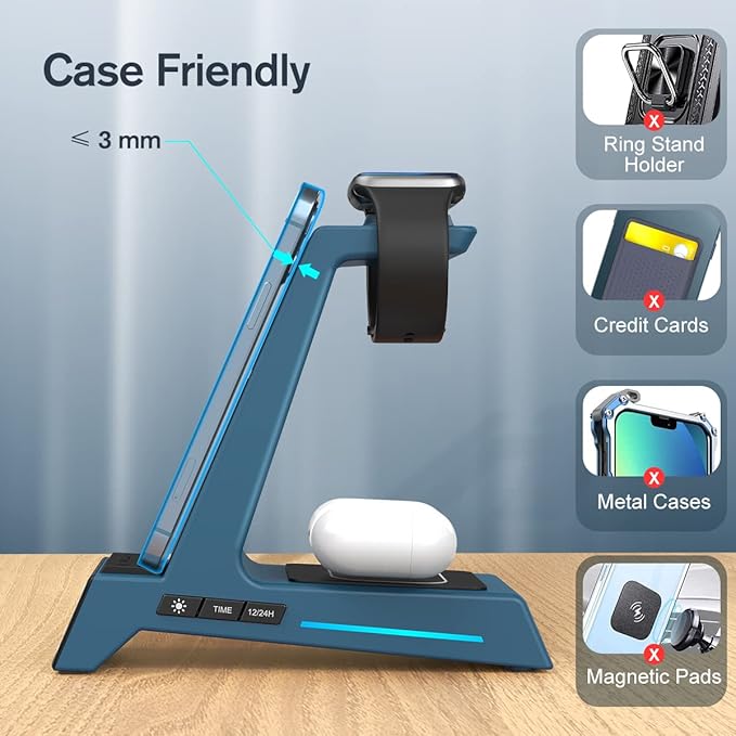 ANJANK Wireless Charging Station for Multiple Devices Apple, 3 in 1 Wireless Charger Stand with Alarm Clock, Charging Dock for iPhone 16/15/14/13/12/11/Pro/Max/XR/XS/8 Plus/iWatch/AirPod