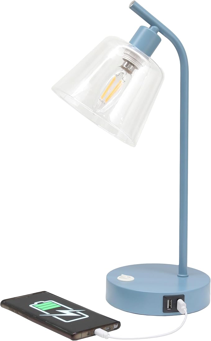 Simple Designs LD1074-BLU 15.75" Sleek Essentials Modern Industrial Metal Desk Lamp with Clear Glass Shade and Dual USB Ports, for Office, Desk, Nightstand, Dorm, Blue