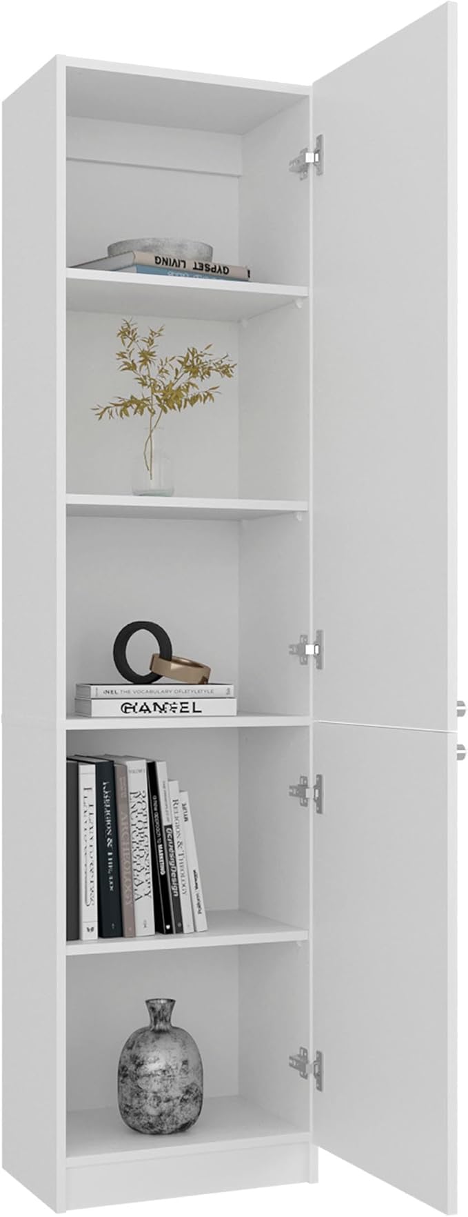 White Storage Cabinet with 5 Shelf Five spacious shelves provide organized storage for books, décor, and everyday essentials, supporting both display and functionality in one unit Versatile layout a