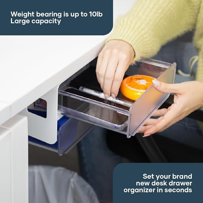 MariaMMDI I Self-Adhesive Under Desk Drawer Organizer with Slide-Out I Under Desk Storage with 2 Wide Layers I Office or Home Organization Must Haves