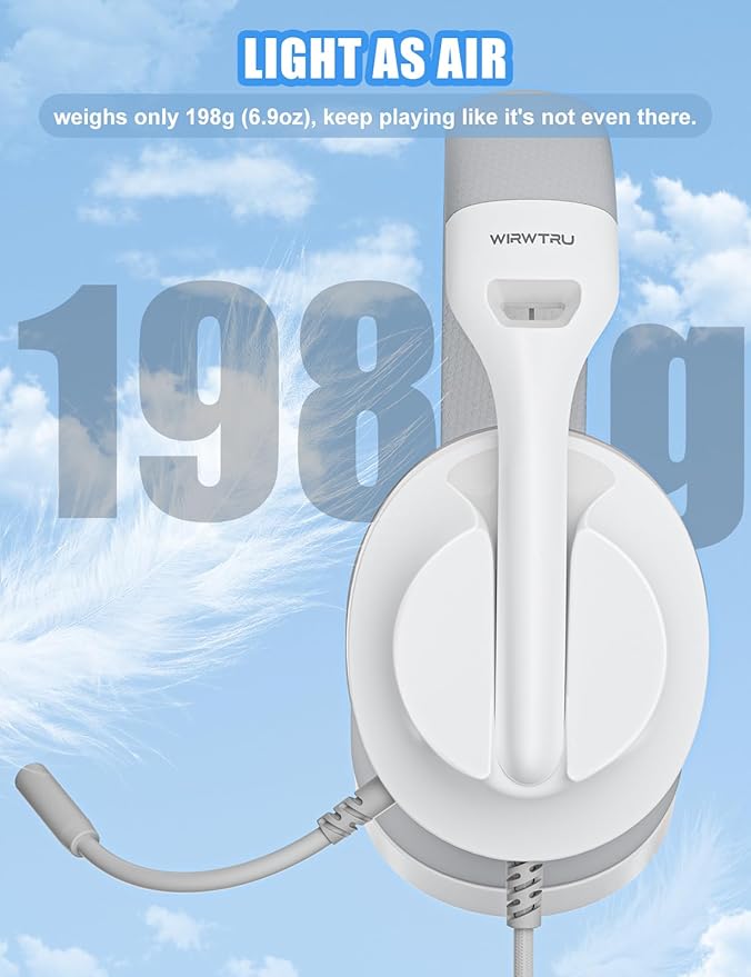 WIRWTRU S30 Gaming Headset with Microphone,198g Lightweight Design, Wired Gaming Headphones for Xbox, Xbox Series X|S, PS5, PS4, Switch, PC, Noise Cancelling Mic, Soft Earmuffs (White)