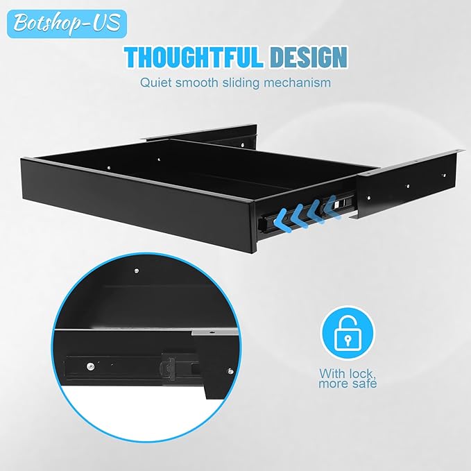 22" Under Desk Drawer Slide Out Under Mounted Sliding Storage Drawer Standing Desk Pull Out Drawers Office Organizer Pencil Drawer, Black