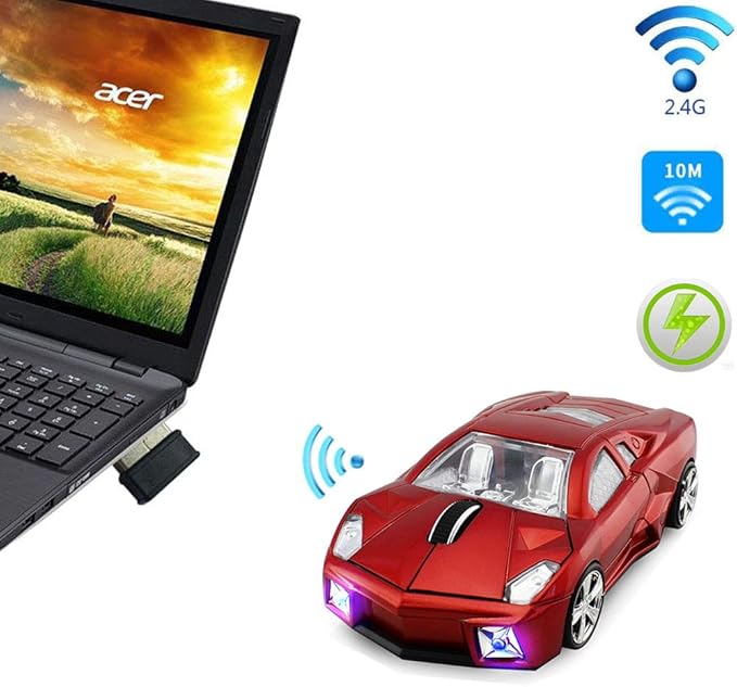Jinfili 2.4GHz Sports Car Wireless Mouse Optical Cool 1600DPI 3D USB Wireless Gaming Mice for Pc Laptop Windows 10
