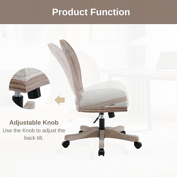 HEAH-YO Home Office Chair, Vintage Linen Fabric Armless Desk Chair with Rattan Backrest and Wheels, Swivel Vanity Chair for Bedroom, Beige