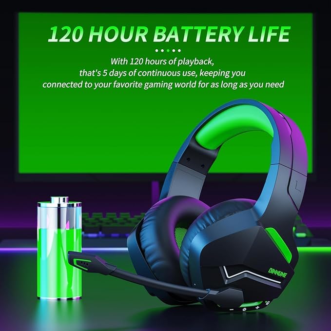 BINNUNE Wireless Gaming Headset for PS5 PC, 120H Ultra-Long Battery, 2.4GHz & Bluetooth 5.3 Wireless Gaming Headphones, PS5 Hadset Wireless with Mic, 50mm Drivers, Comfort Over Ear Headphones,Green