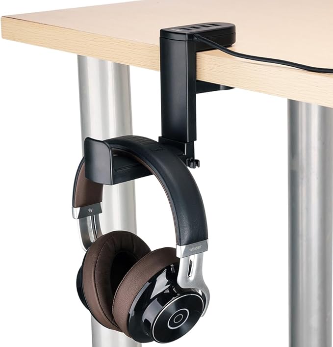 KIWIFOTOS Headphone Stand with 4 USB Ports Hub PC Gaming Headset Holder Hanger 360 Degree Rotation Clamp Under Desk Headphone Hook Mount with Cable Clip Organizer
