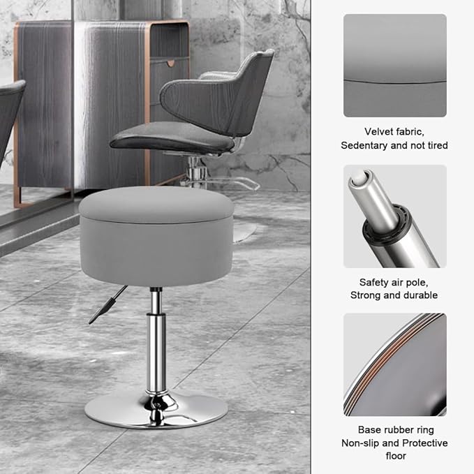 KKTONER Velvet Round Vanity Stool with Storage Height Adjustable Makeup Chair with Swivel Base Non-Slip Small Vanity Stool for Spa Salon Dressing Room Bedroom (Gray)