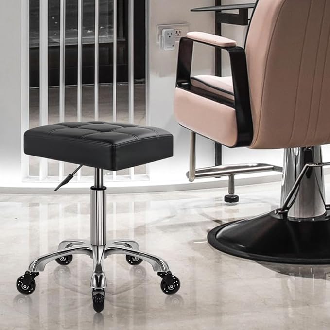 WKWKER Heavy Duty Rolling Stool with Wheels Hydraulic Swivel Adjustable Rolling Stool Ergonomic Thick Leather Rectangle Seat Chair for Kitchen Drafting Lab Office Salon Message Counter – Black