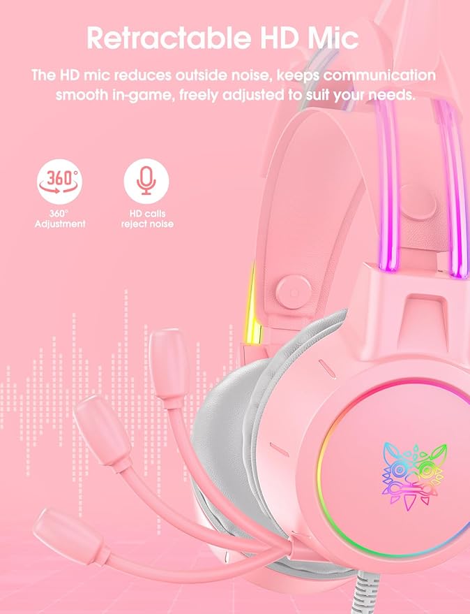 Lightweight Gaming Headset with Detachable Cat Ears, RGB Lighting, Wired Over Ear Headphones with Mic for PC, PS4, PS5, Switch, Stereo Surround Sound, Self-Adjusting Headband