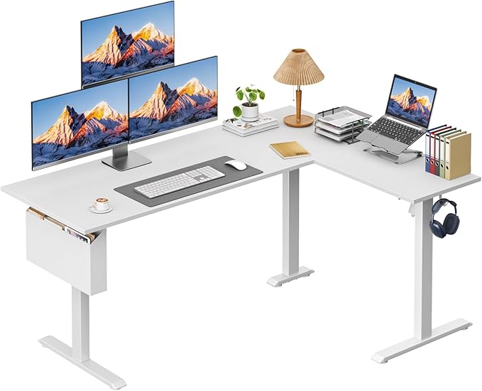 Korfile L Shaped Electric Standing Desk,63 Inch Adjustable Height Sit to Stand Corner Desk with Memory Presets, Reversible Computer Table for Home Office, Work and Study, White