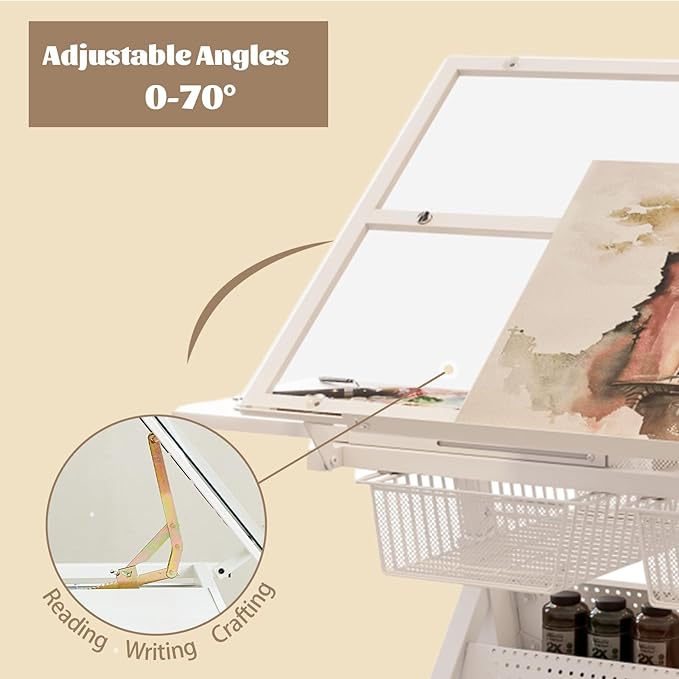 Drafting Table Desk w/Stool, Painting Table Art Craft Desk Crafting Table with Tilting Tempered Glass Top, 2 Storage Drawers, Upgraded Hand Crank Height Adjustable (White)