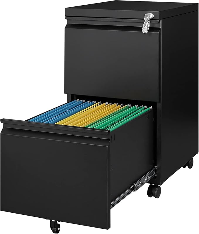 2 Drawer Metal File Cabinet with Lock, Rolling File Cabinets with Lock for A4/Legal/Letter Size, Under Desk Filing Cabinet for Home Office Assembly Required（Black）