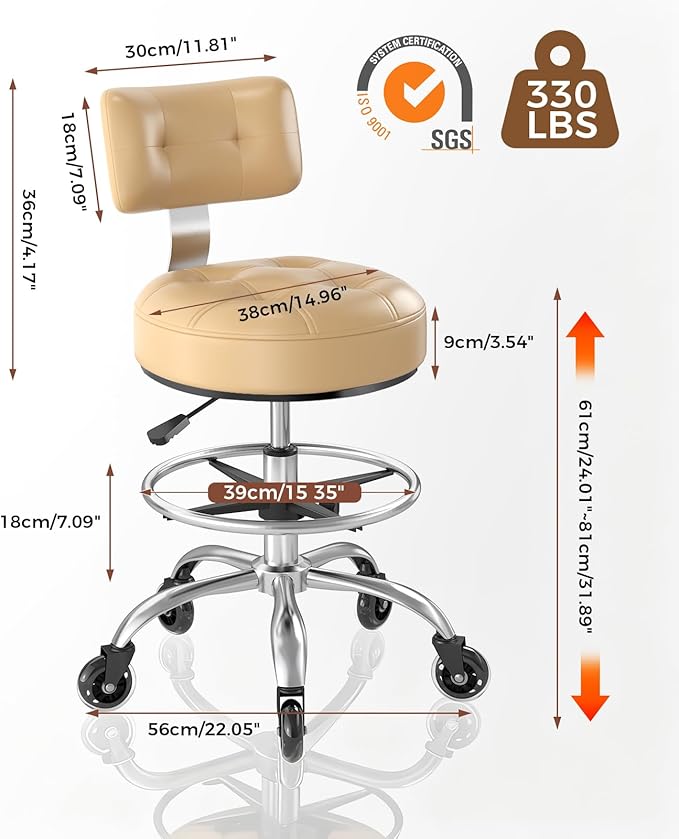 Office Drafting Chair with Footrest, Tall Height Adjustable Stool with Back Support, Heavy Duty Rolling Stool Chair with Wheels for Office Home Kitchen Bar Shop Guitar Studio Medical Vanity(White)