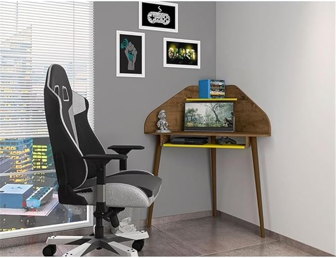 Eden Home 2-Piece Wood Cubicle Desk Set, MDF Rustic Brown and Yellow Finish, Includes Keyboard Drawer, Overhead Shelf, Mid-Century Modern Corner Design for Home Office Use