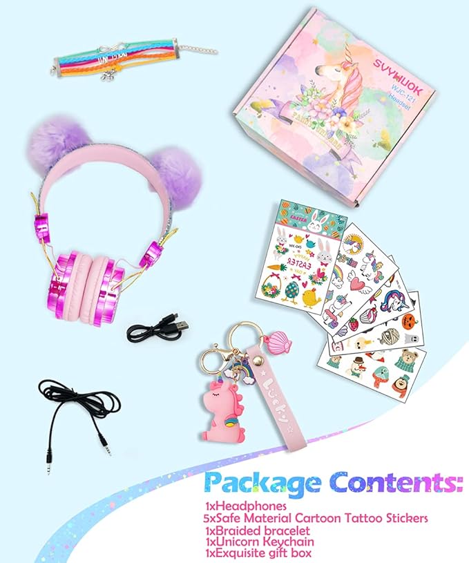 SVYHUOK Cat Ear Wireless Headphones for Kids with Mic, Bluetooth Over Ear Headset for School Cellphone Smartphones Laptop PC LED Light,Wired Headset for School Home (Violet Ball)